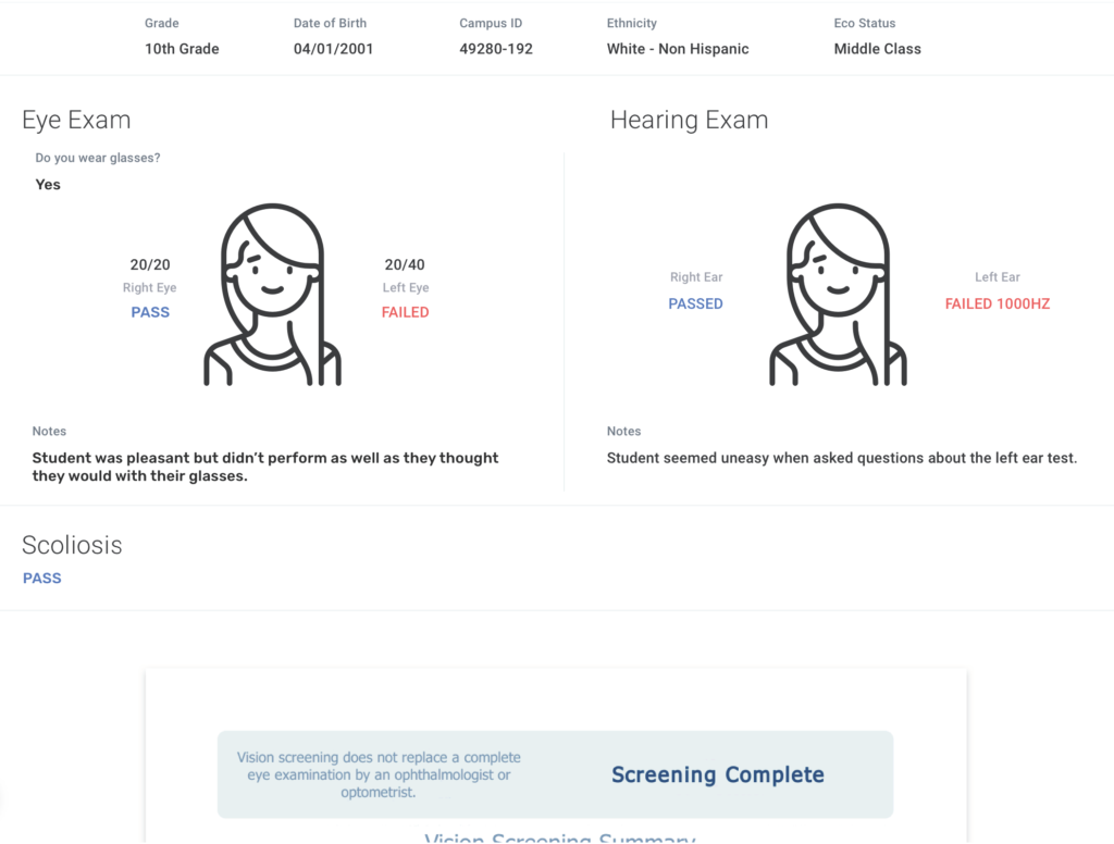 SCreenshot of the SwiftScreen app that shows a child's visual and hearing screening results