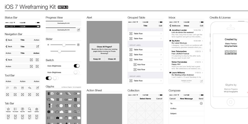 iOS7 UI wireframe kit by Blake Perdue - Photoshop File