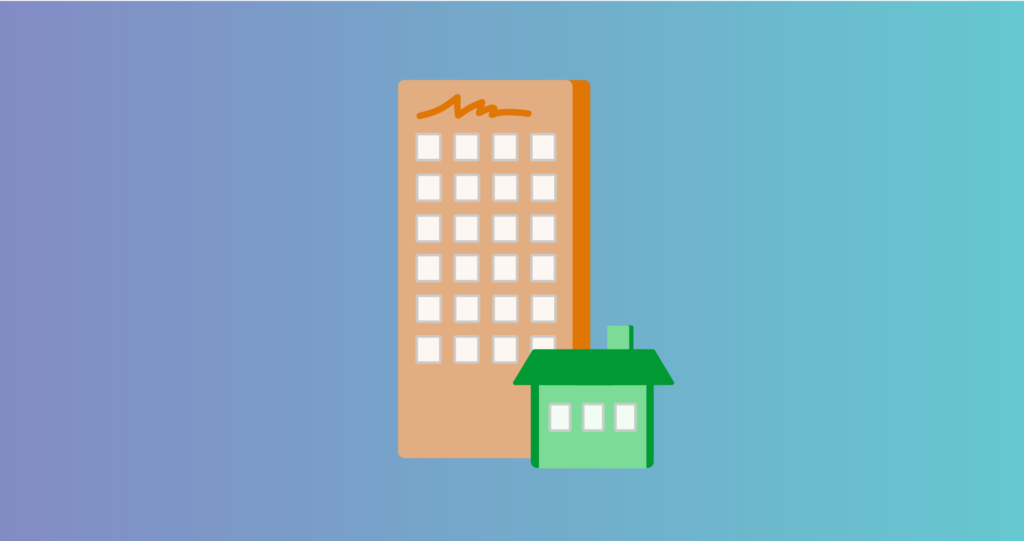cartoon of building and home
