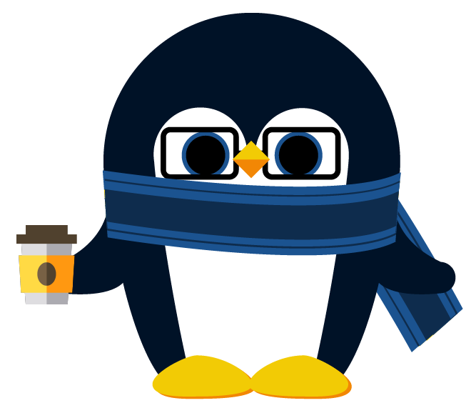 cartoon penguin with scarf and coffee in hand