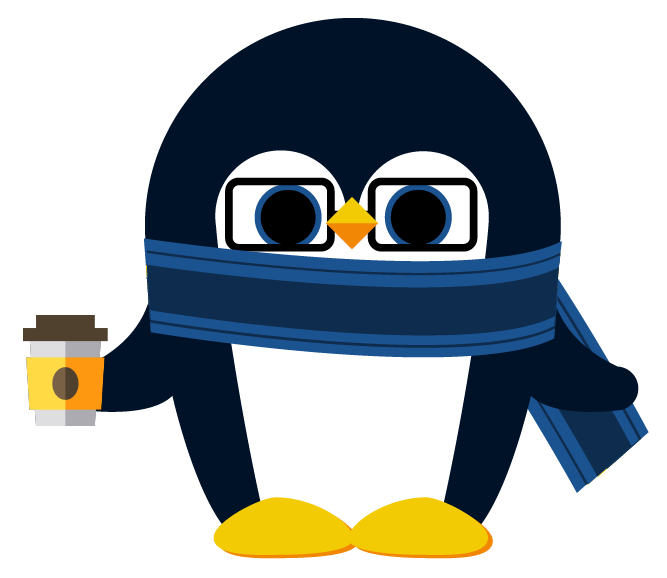 cartoon penguin with scarf and coffee in hand