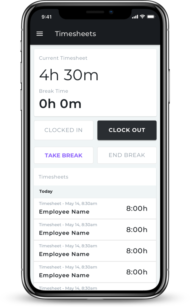 Screenshot of iPhone app for RoyPOS of an employee timesheet