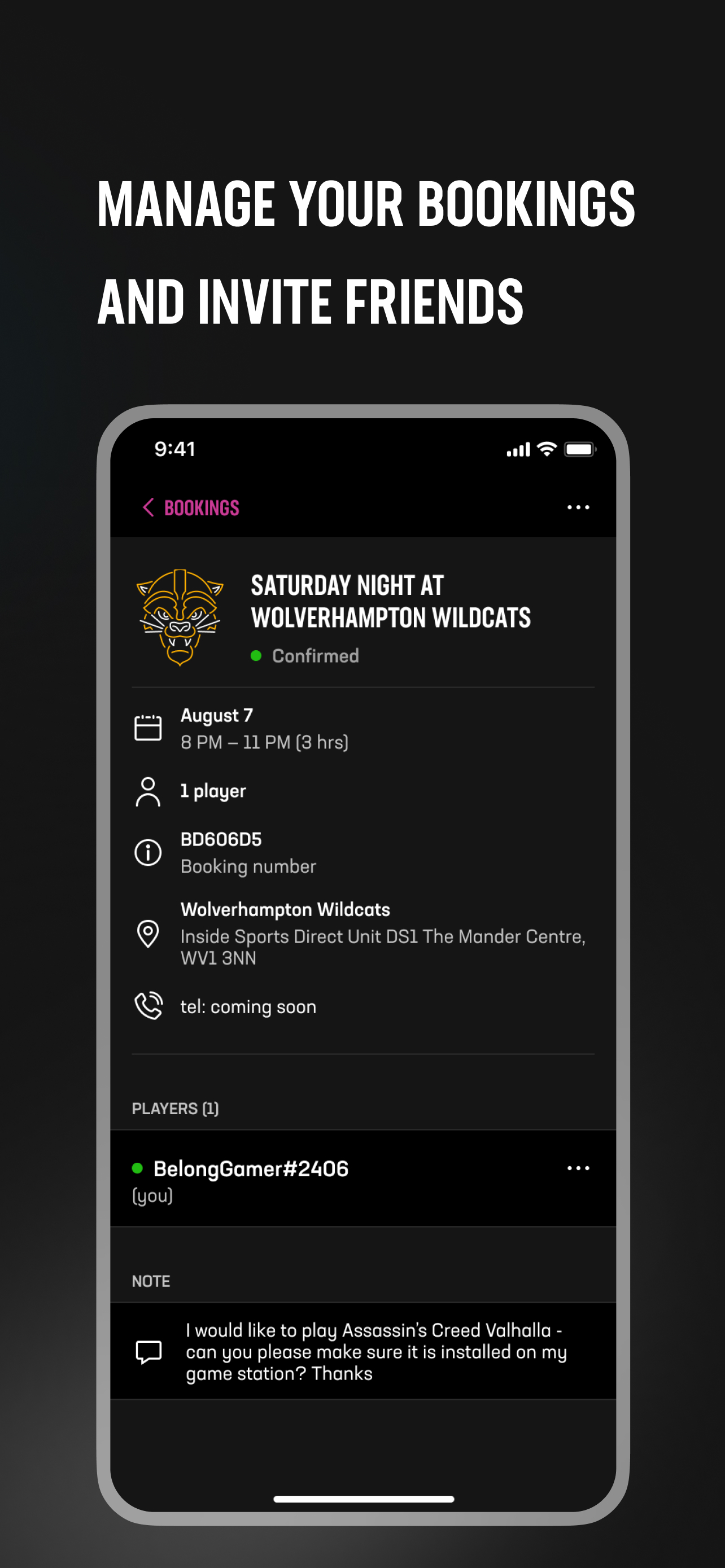 A mockup of the iOS mobile application for Belong Gaming showing a booking details screen in the app with the text Mange Your Bookings And Invite Friends at the top