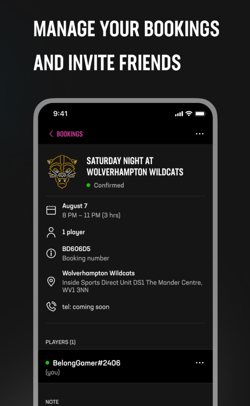 Belong Gaming screenshot of an event happening with the text manage your bookings and invite friends at the top