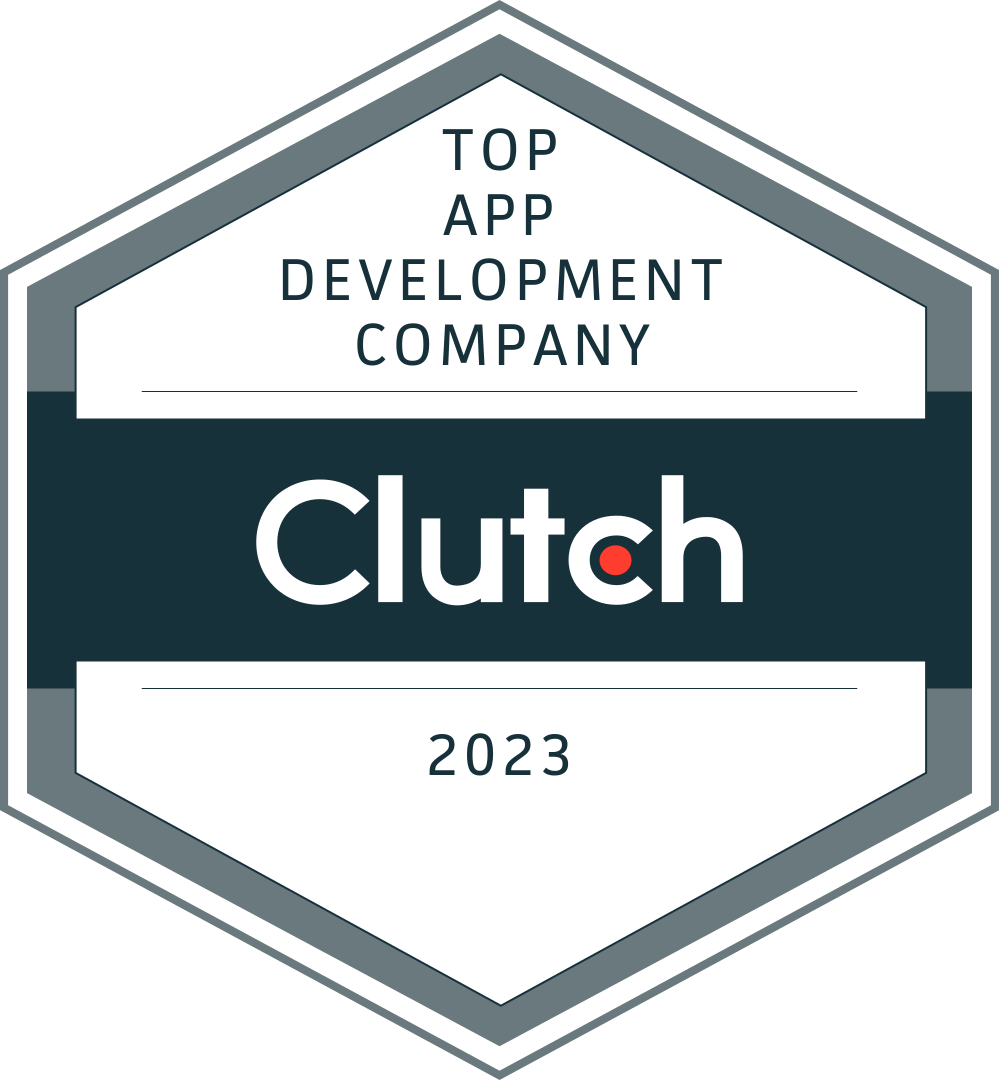 A hexagonal shape that represents a badge from Clutch.co stating that Jackrabbit Mobile is considered a Top App Development Company for the year 2023.