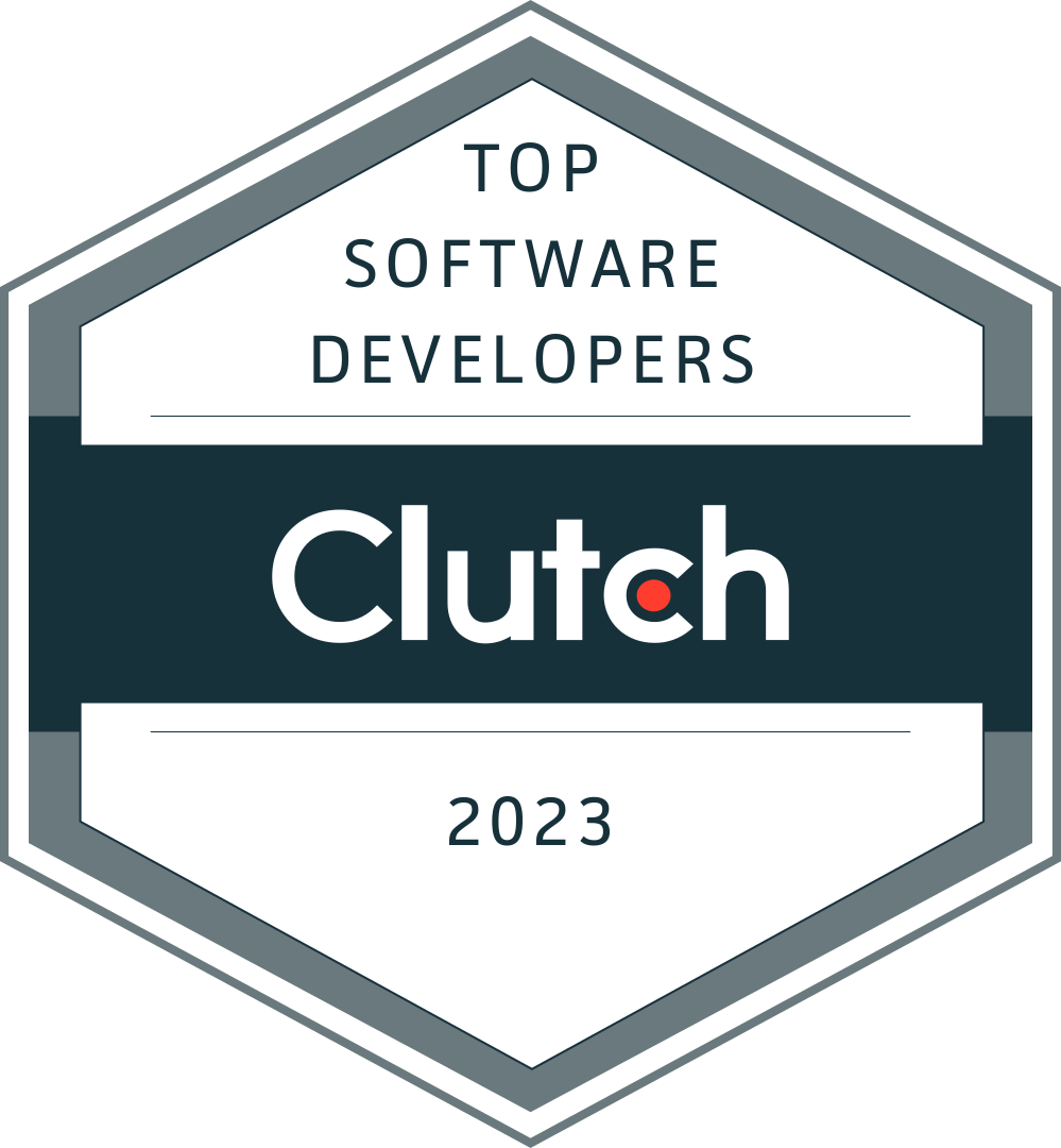 A hexagonal shape with a navy stripe down the middle with Clutch.co logo representing a badge awarding Jackrabbit Mobile as a top software developer for 2023