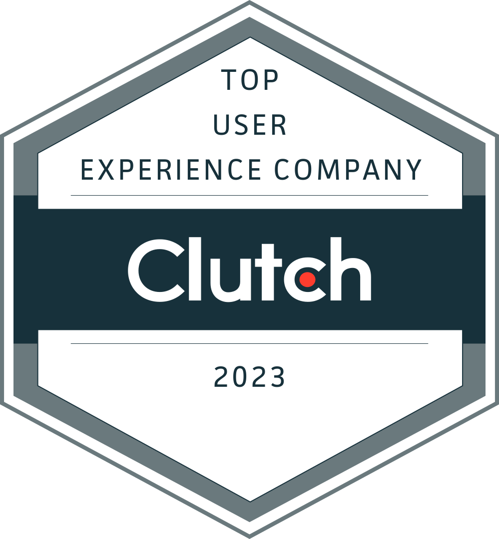 A hexagonal digital badge from Clutch.co with a navy border awarding Jackrabbit Mobile the honor of Top User Experience (UX) company in 2023.