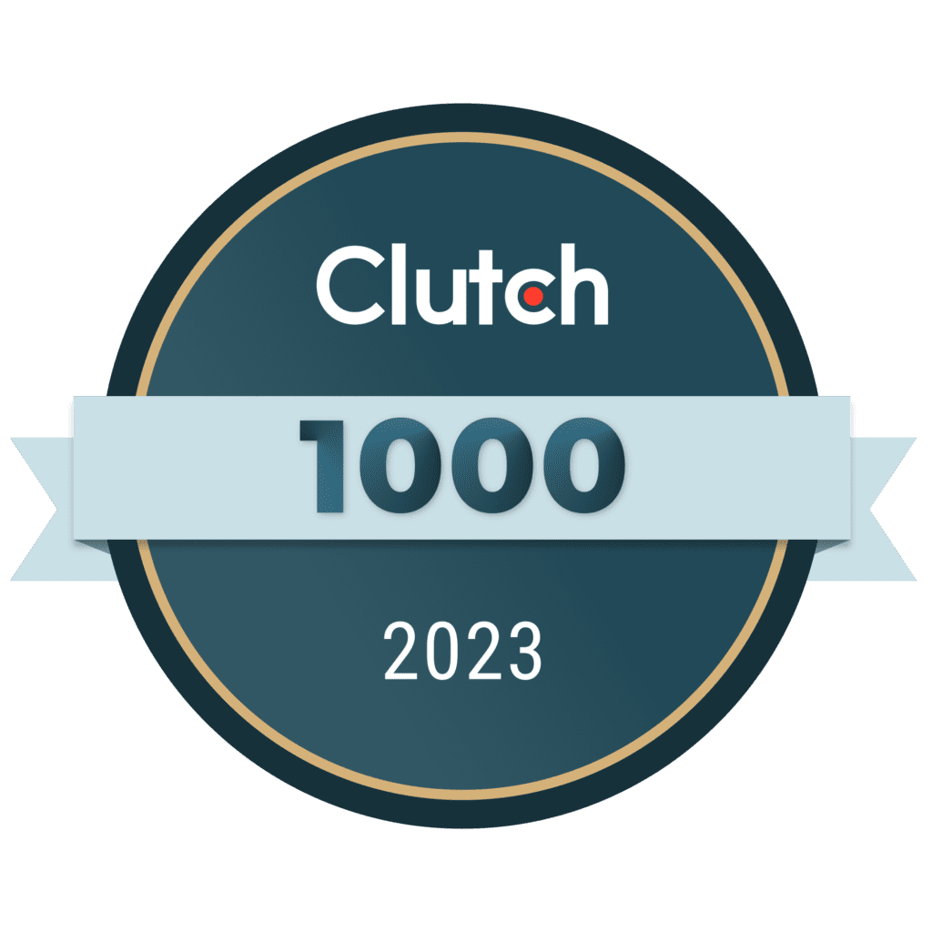 A blue circle for with the Clutch.co logo at the top and the number 1000 as a badge honoring recipients who were listed in the top 1000 companies on Clutch for 2023