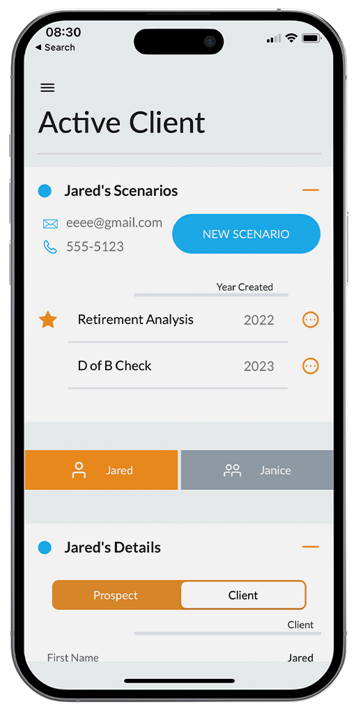 A screenshot from the RetireMax iOS mobile app from an iPhone that shows a screen where a financial professional can run scenarios for retirement planning for an example user named Jared. It has a heading "Active Client", the user's name and contact information, and then a couple scenarios that the financial professional can view or edit like "Retirement Planning 2022" and "D of B check 2023".